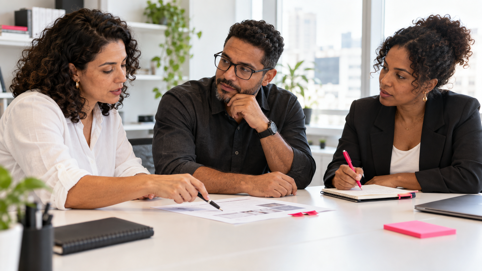 Três colegas conversam e fazem anotações durante uma reunião de trabalho