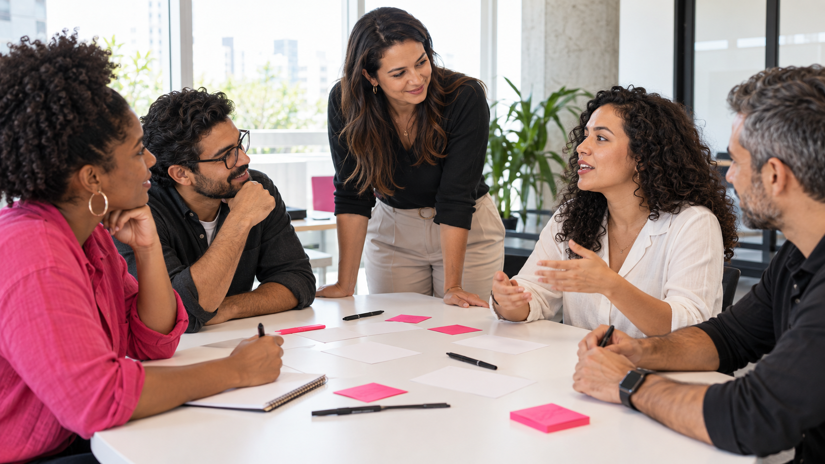 Equipe reunida ao redor de uma mesa com cadernos e post-its durante uma atividade em grupo