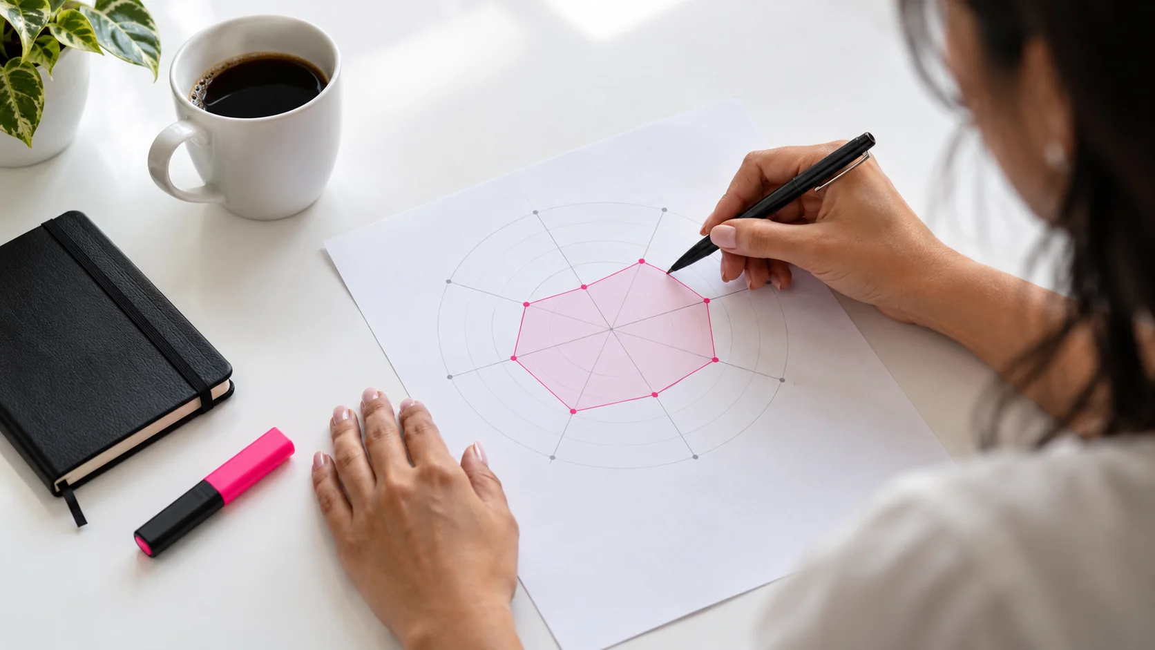 Mãos preenchendo uma Roda da Vida em papel, com caneta e marcações em rosa.