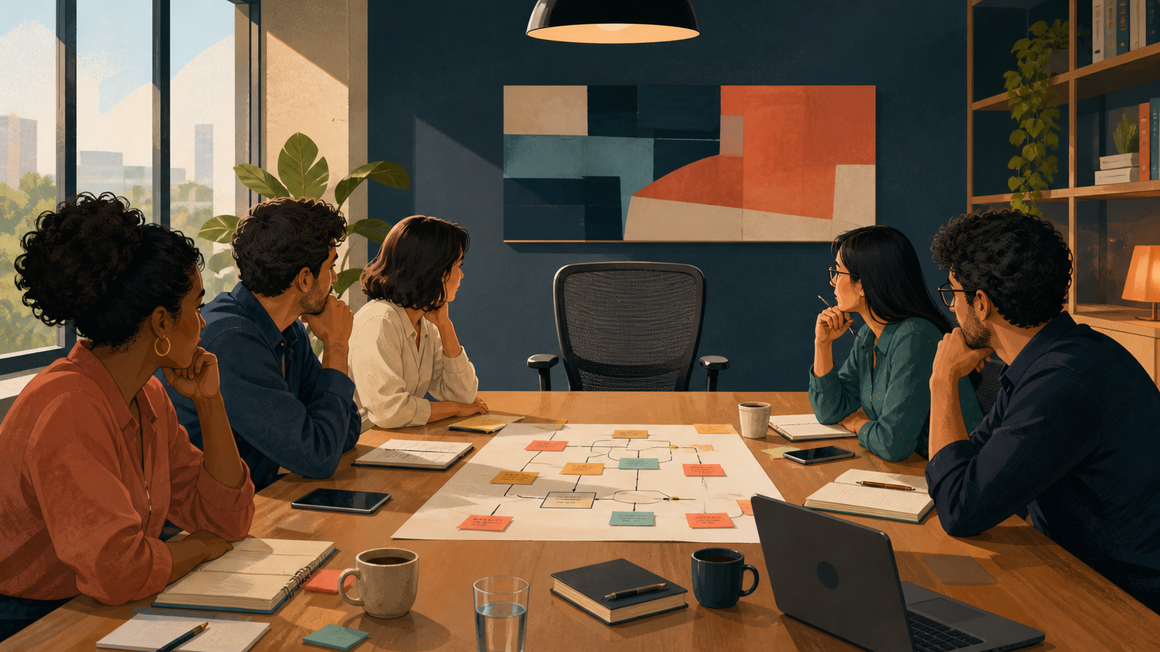 Equipe diante da cadeira vazia de sua liderança