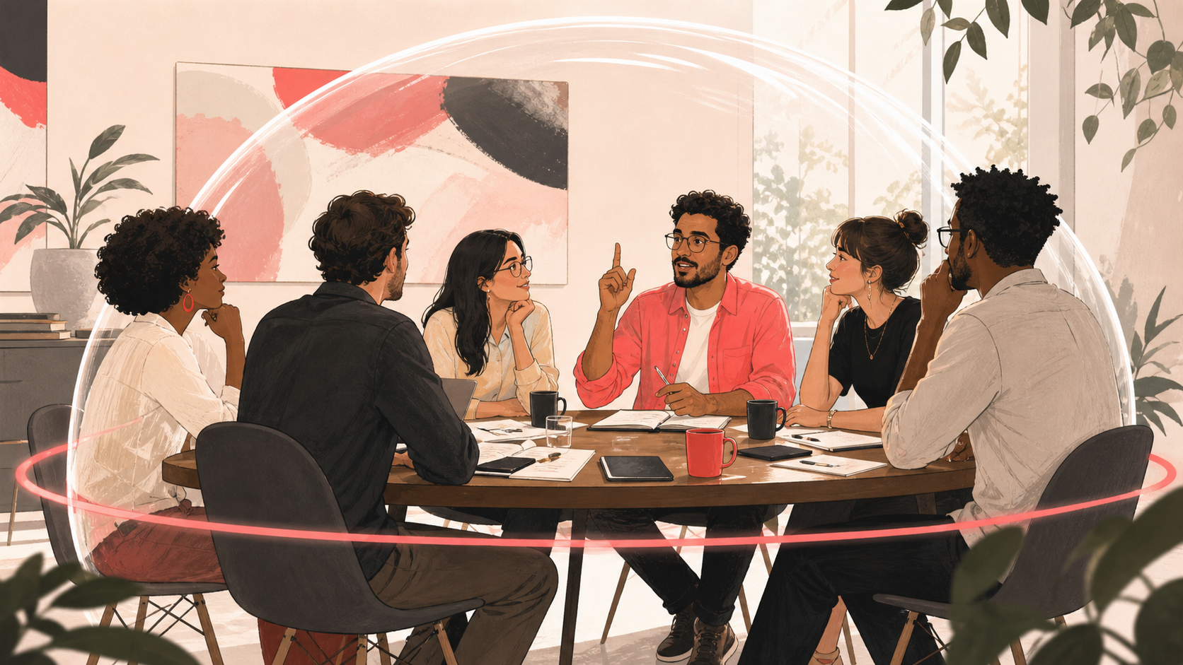 Equipe conversa com abertura e segurança psicológica em uma reunião